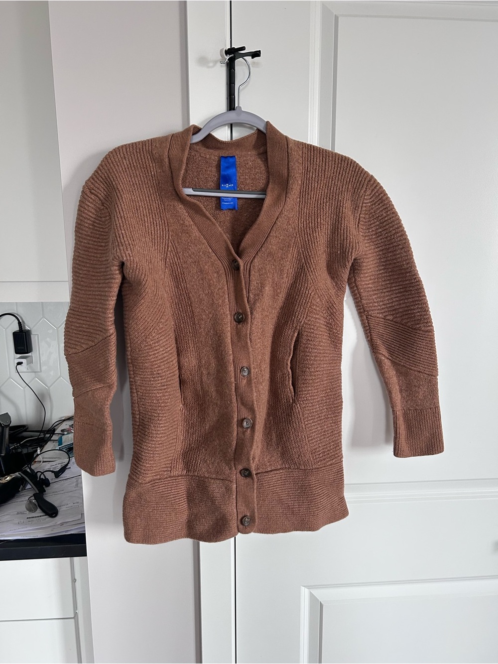Kit + Ace Merino Wool Ribbed Button Front Cardigan Brown V Neck Neutral Sweater